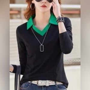 SHEIN Relaxiva Women's Color Block Contrast Collar Long Sleeve T-Shirt